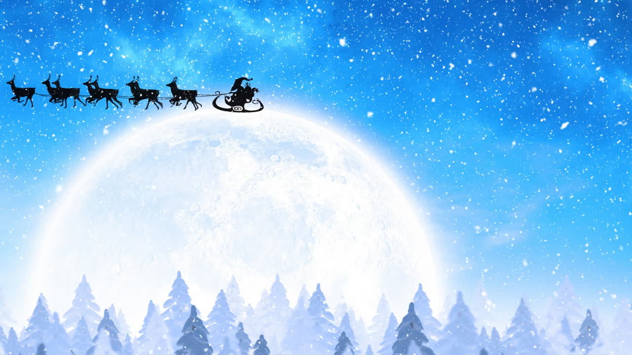 Animation of snow falling on santa claus in sleigh being pulled by ...