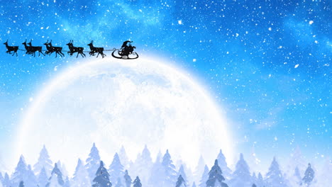 Animation-of-snow-falling-on-santa-claus-in-sleigh-being-pulled-by-reindeers-over-winter-landscape