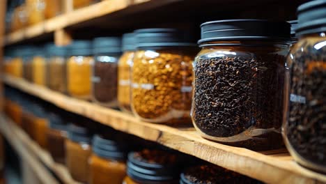 organized shelves of jars filled with grains and spices