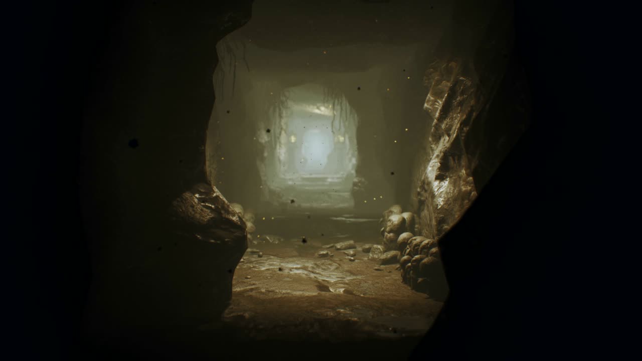 Antiga caverna de fantasia enorme cheia de artefatos antigos e névoa mágica com vaga-lumes. Animação realista em loop.