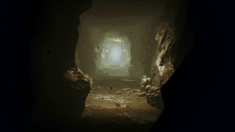 enorme cueva de fantasía antigua llena de artefactos antiguos y niebla mágica con luciérnagas. animación realista en bucle.