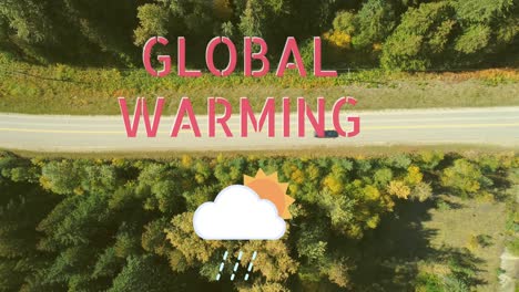 animation of global warming text over green smoke and road in forest