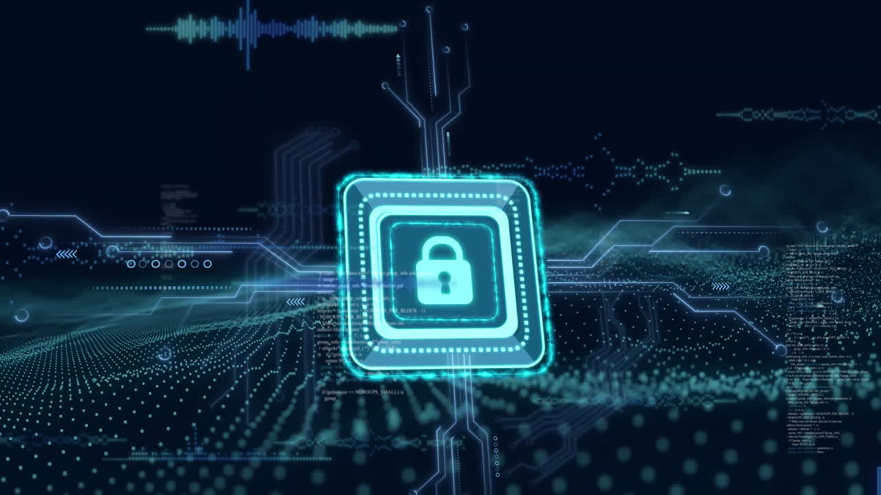 Animation of padlock icon over data processing