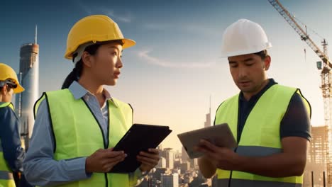 a collaborative discussion at sunset: two construction workers engage in strategic planning over blueprints and tablets in an urban skyline environment