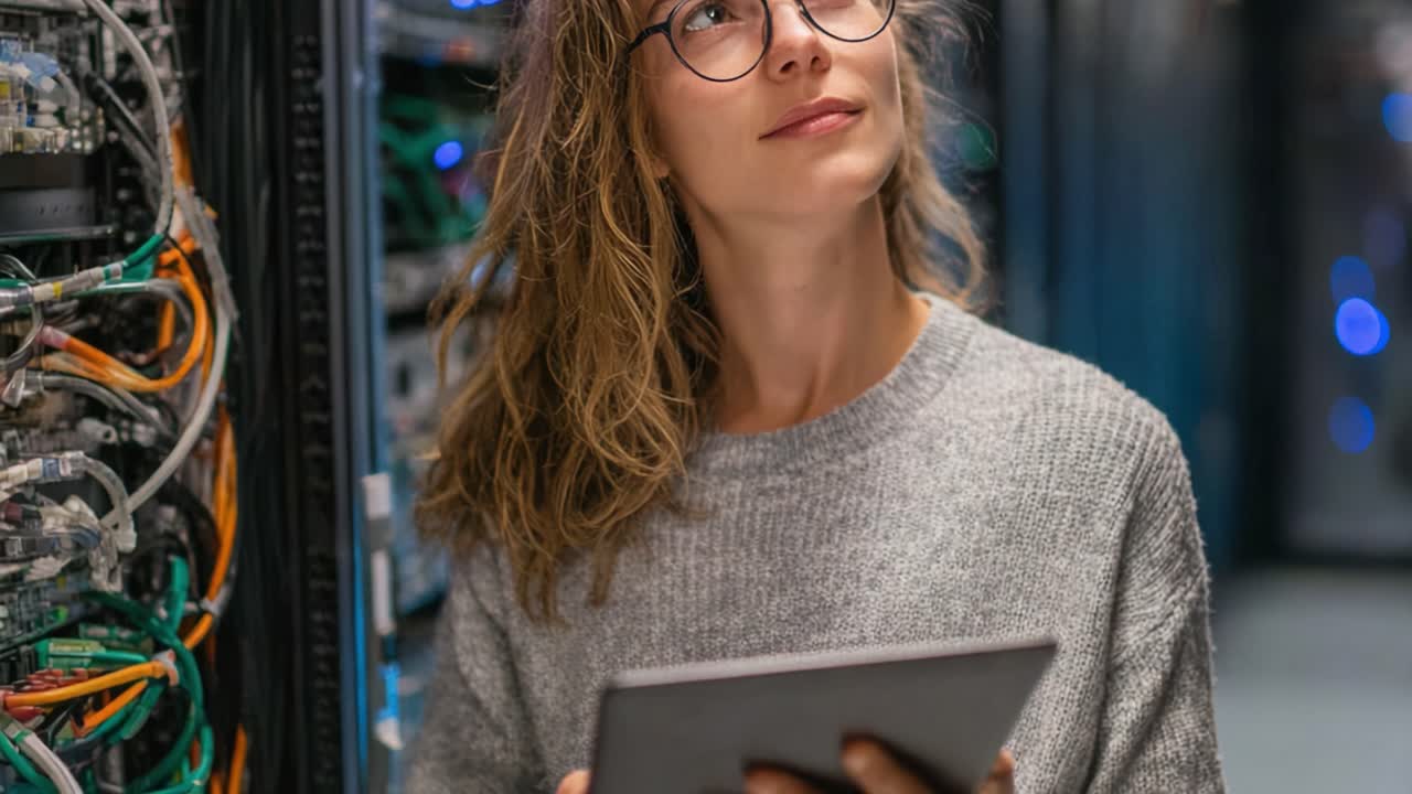A Focused IT Specialist Analyzing Data and Systems in a Modern Data Center, Surrounded by Network and Server Equipment While Holding a Tablet for Optimal Efficiency