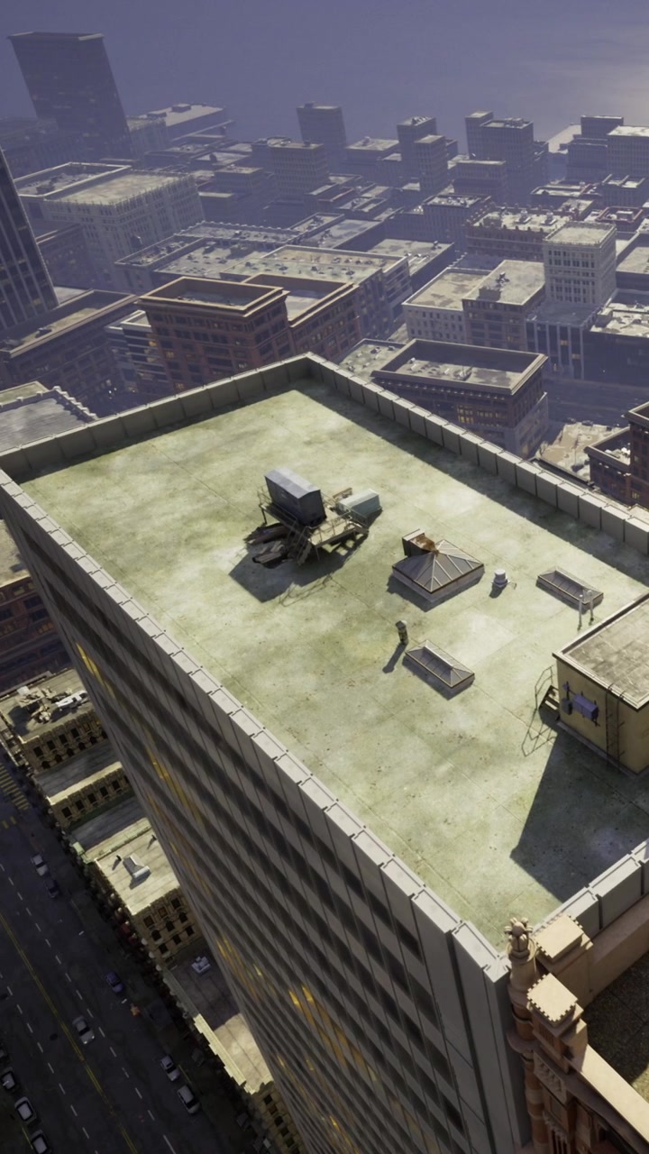 Views from the skyscraper rooftop high above the bustling city landscape