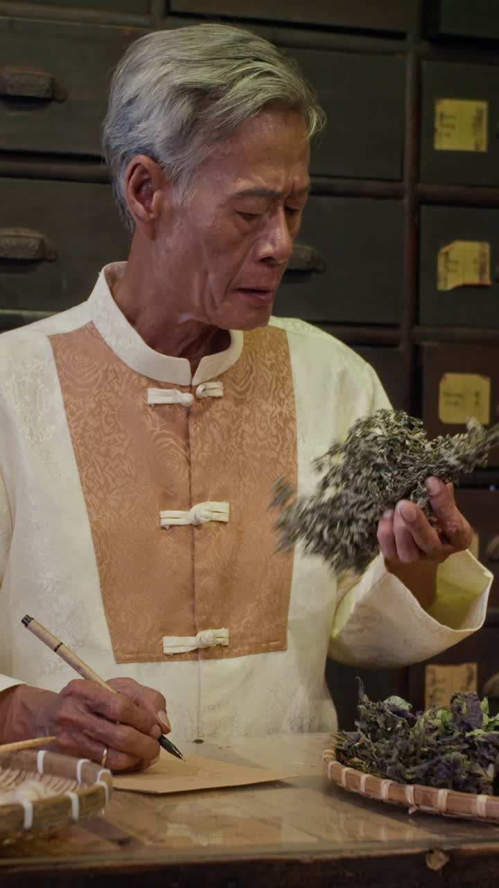 Vertical of Asian Naturopath Writing Prescription Consisting of Herbs