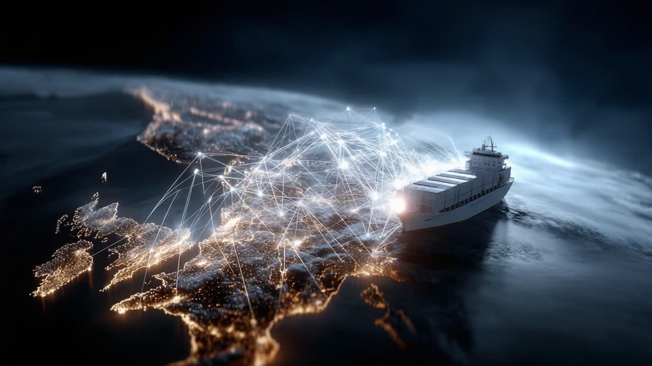 Aerial view of a cargo ship navigating through a digitally connected seascape, showcasing vibrant light trails that symbolize global trade and shipping networks