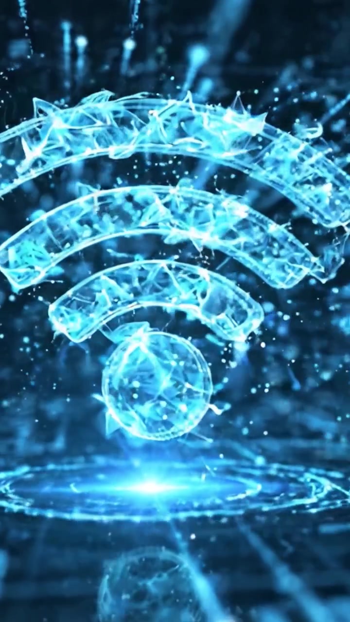 Fremtidens digitale kommunikationsnetværk repræsenteret af et levende Wi-Fi-symbol, der udgår fra en højteknologisk gitterbaggrund, hvilket viser forbindelse og innovation.