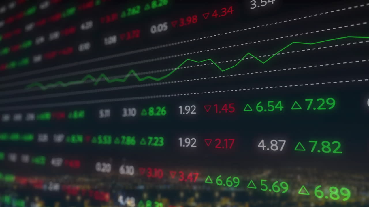 Animazione dell'elaborazione di dati finanziari su un paesaggio urbano
