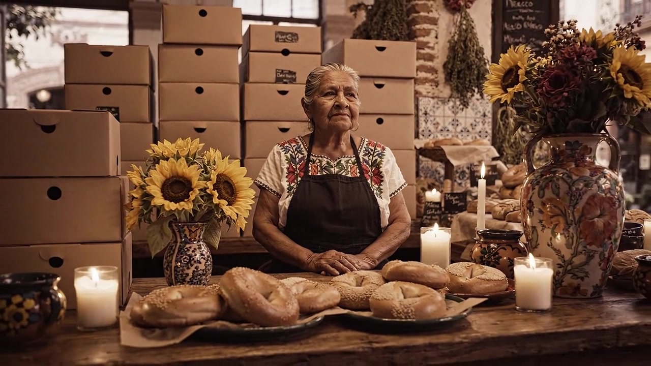 Un panadero artesano trabajador exhibe con orgullo una variedad de bagels recién horneados junto a vibrantes girasoles y velas encendidas, creando un ambiente cálido y acogedor