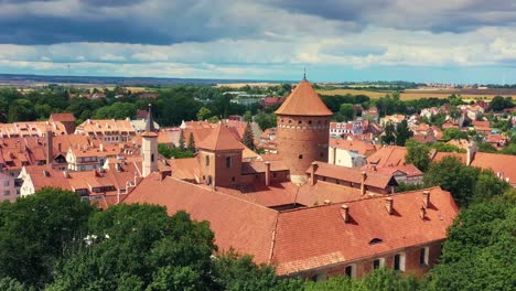 view from the drone perspective on medieval castle and church