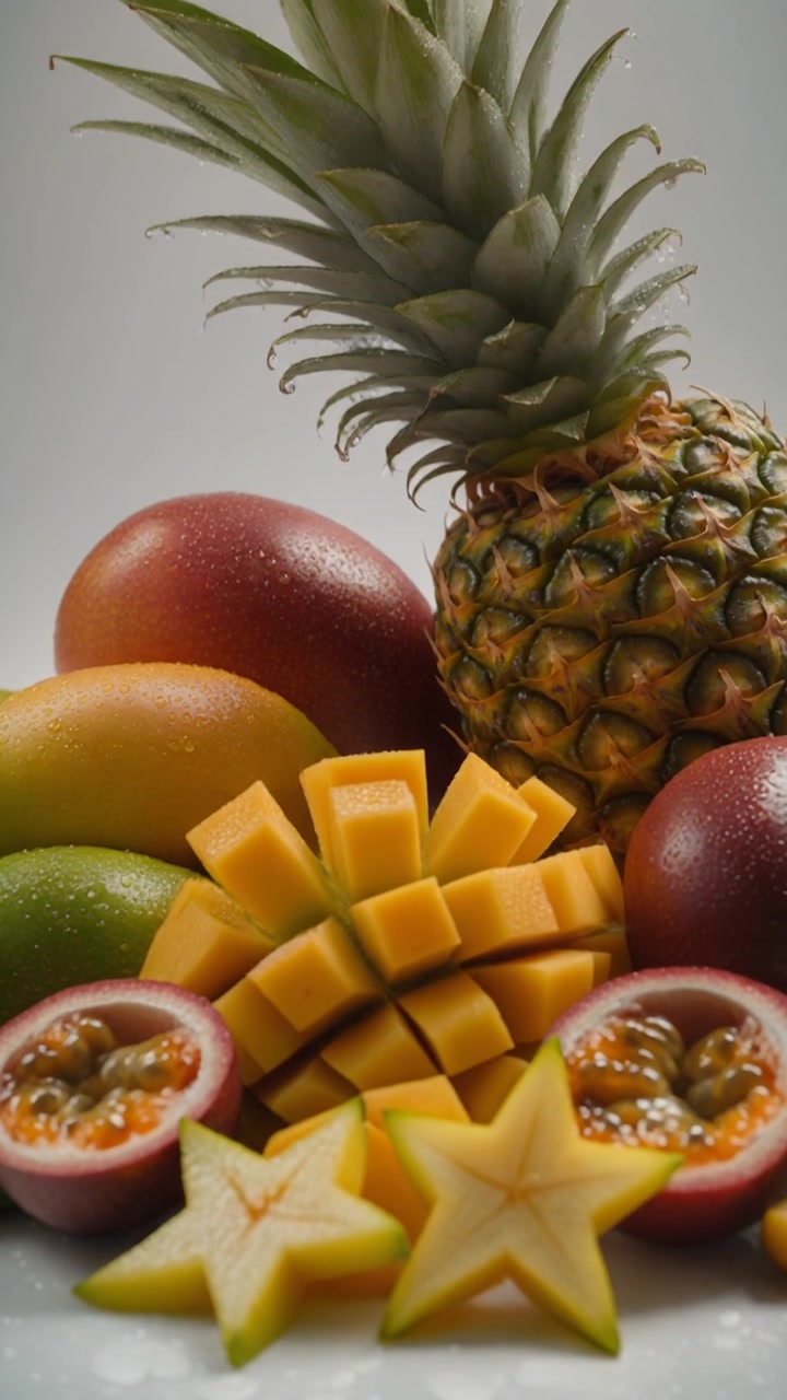 Frutta tropicale fresca assortita, inclusi ananas, mango e frutto della passione