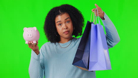 green screen, choice and woman face with shopping