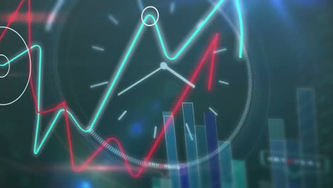 animation of ticking clock and data processing against light spots against blue background