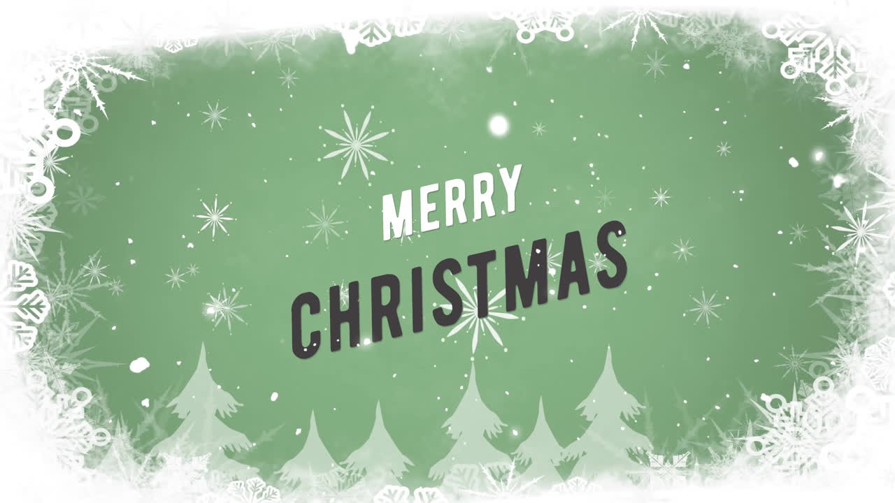 메리 크리스마스 텍스트와 겨울 풍경에 눈이 떨어지는 애니메이션