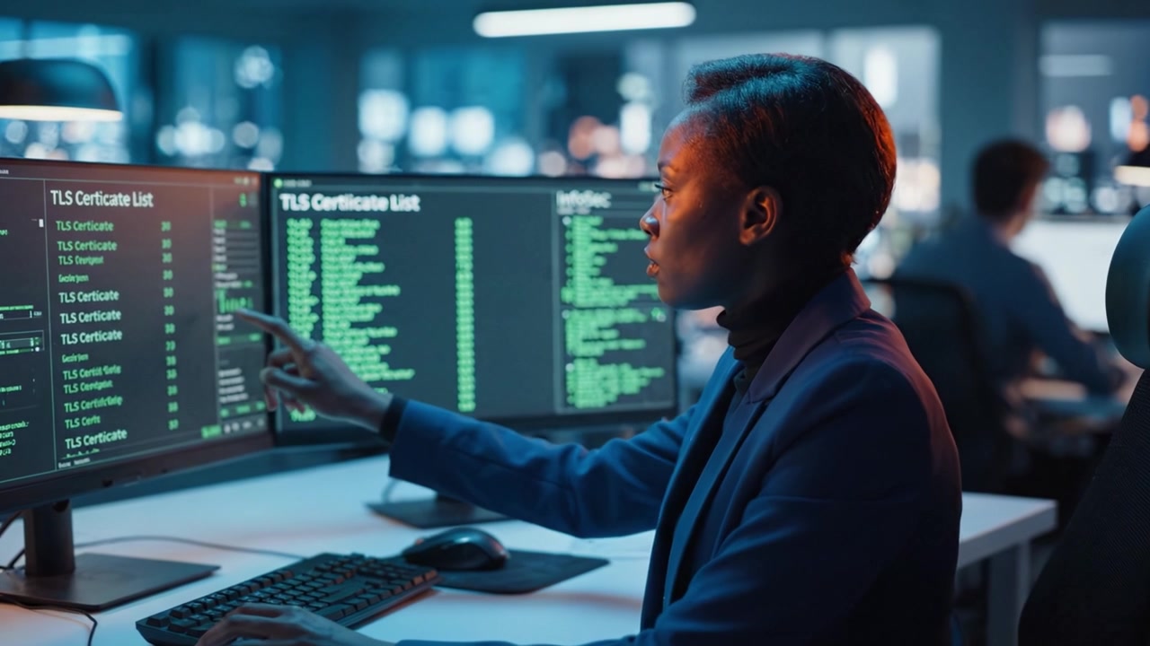 Focused Professional Analyzing Data on Computer Screens in Modern Office Environment, Highlighting Cybersecurity with TLS Certificates and Digital Security Measures