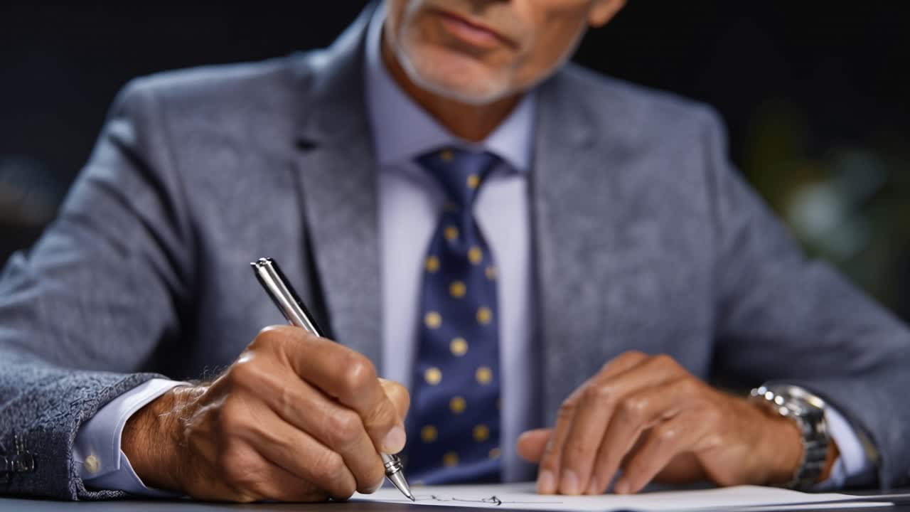 Un uomo in abito firma un documento con espressione concentrata. Indossa una cravatta a fantasia e un orologio. Le sue mani mostrano un movimento fermo e deliberato. L'atmosfera professionale trasmette serietà.