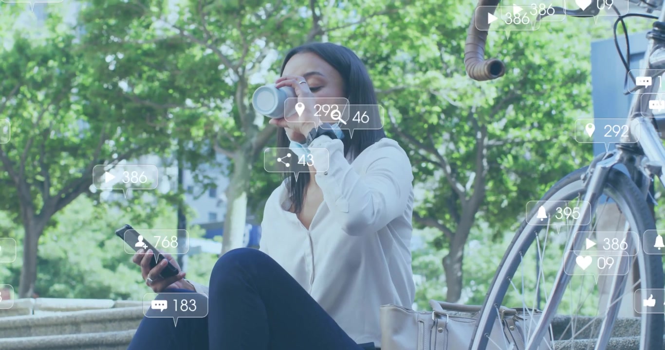 Woman sipping coffee and scrolling feed causing animated social stats tracking engagement