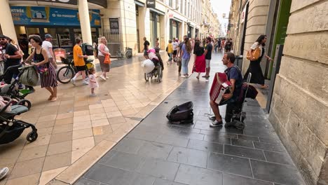 accordion player performs for passersby in busy street