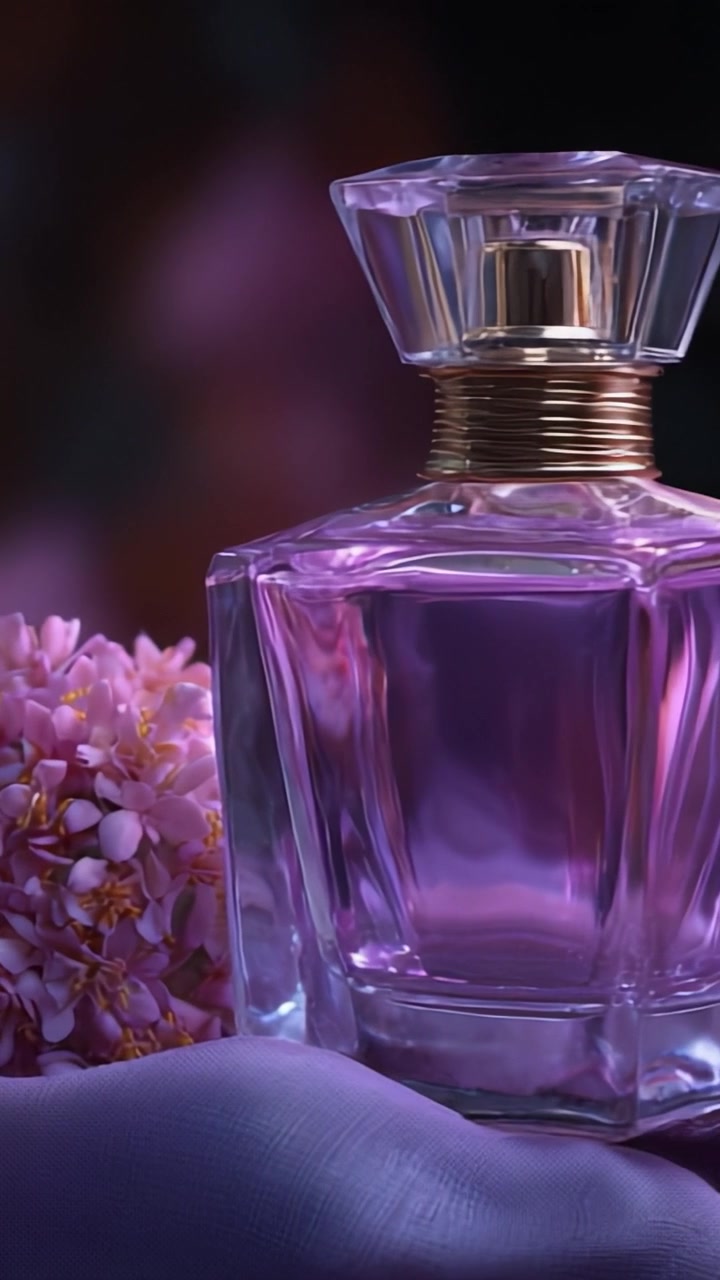 Elegante flacone di profumo che mostra una splendida composizione floreale con una ricca tonalità viola e una finitura lucida, perfetto per pubblicità di fragranze di lusso.