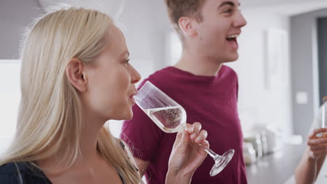 grupo de estudiantes universitarios en la cocina de la casa compartida pasando el rato y bebiendo juntos