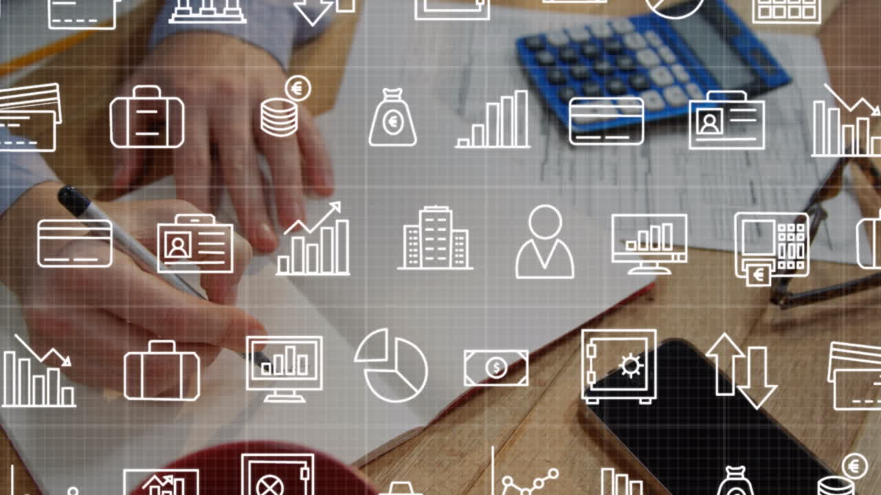 animación de iconos que caen sobre la persona que toma notas