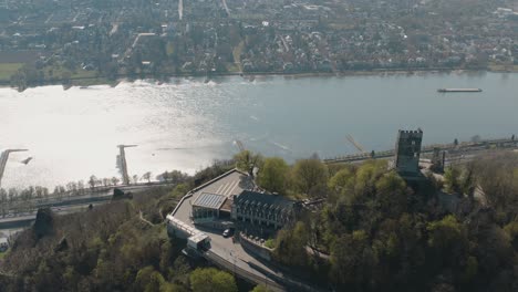 Drone-Shot-Of-The-Drachenfels-With-The-River-Rhine-And-A-Ship-Siebengebirge-Near-Bonn---Königswinter