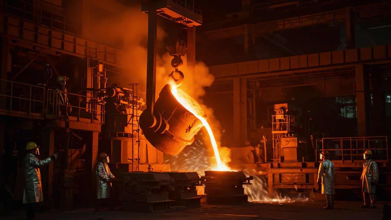 Un dinamico processo di fusione del metallo all'interno di una fonderia, che evidenzia la colata di metallo fuso negli stampi in un contesto industriale con operai che osservano.