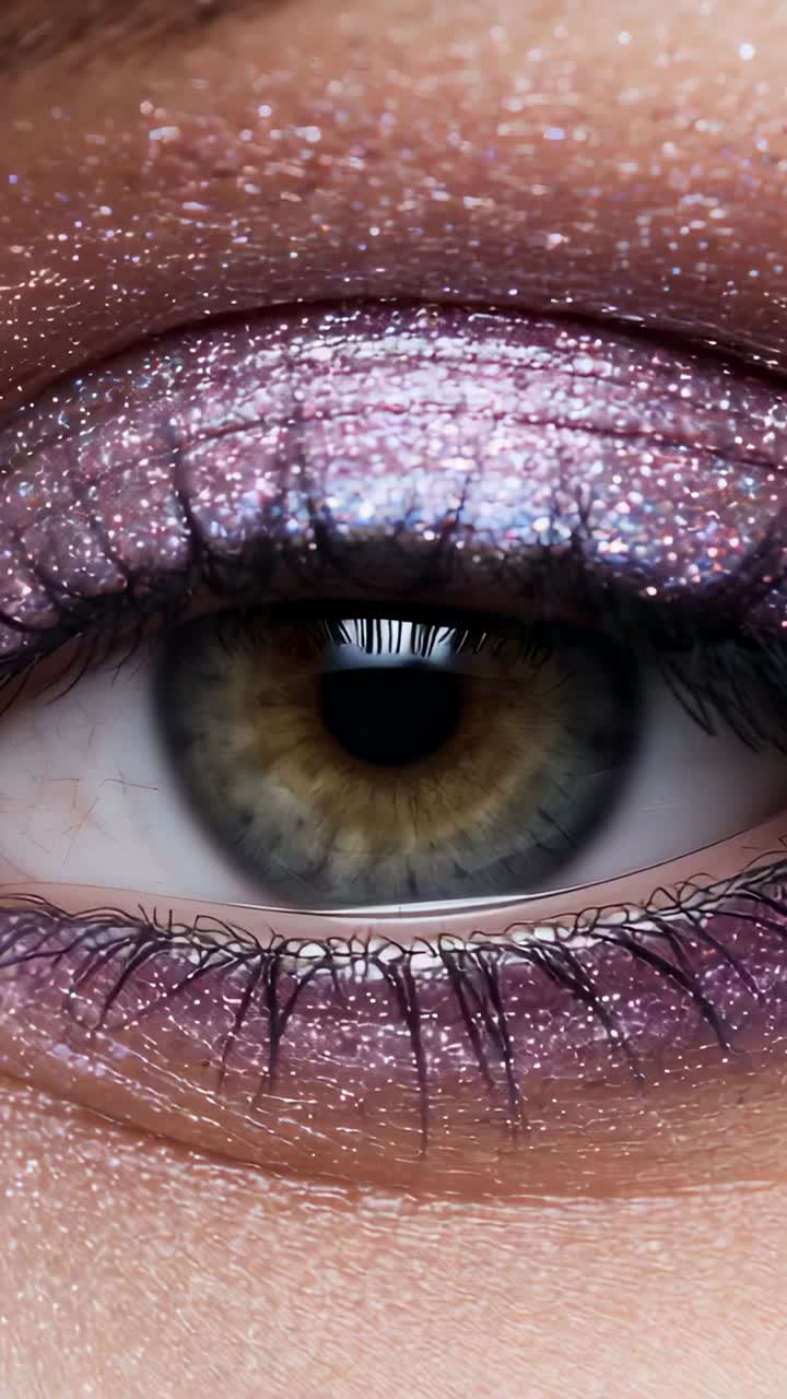 Vertical video: Blinking right eye reacting to bright lamp in closeup, showing pink-purple glitter