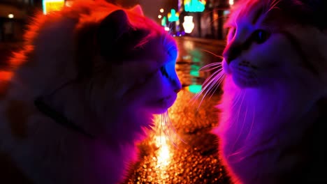 two cats in the neon city night