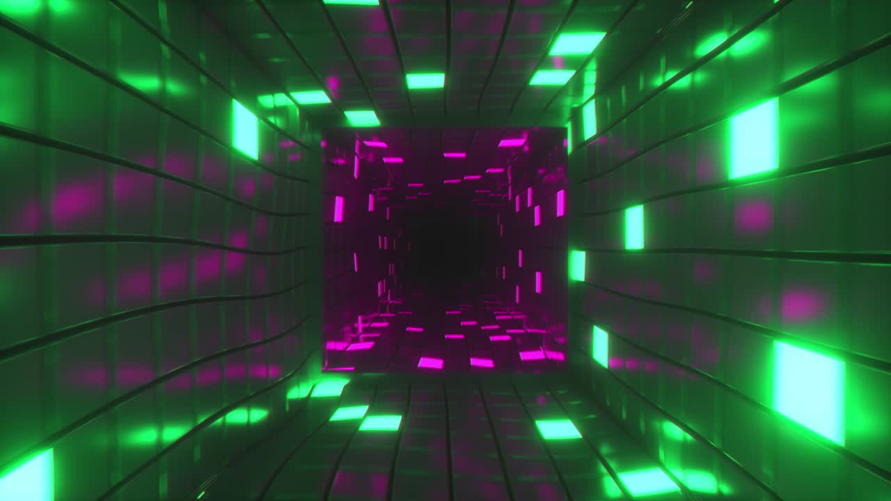 vuelo abstracto en corredor futurista, bucle sin costuras fondo 4k, luz ultravioleta fluorescente, cubos de neón de colores brillantes, túnel geométrico sin fin, renderizado en 3d