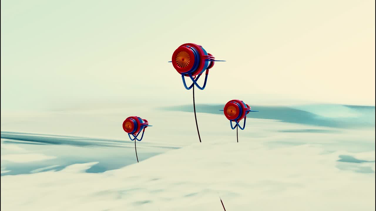 추상적인 터빈과 같은 모양이 하늘에서 회전하고 levitating, 원활한 루프, 디자인, 회전 블레이드와 함께 세 개의 물체가 구름 위에 떠다니고 매달린 전선과 함께.