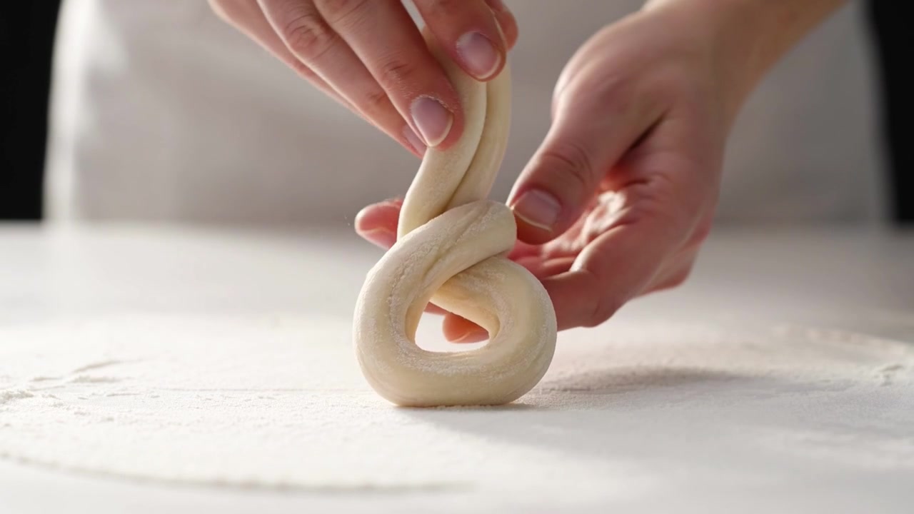 Baker Shaping and Twisting Fresh Dough on Floured Surface