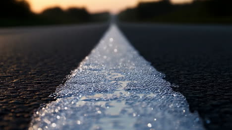 reflective white line on a road at sunset