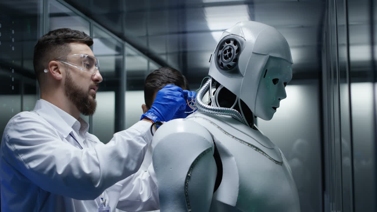 científicos trabajando con un robot en una sala de servidores