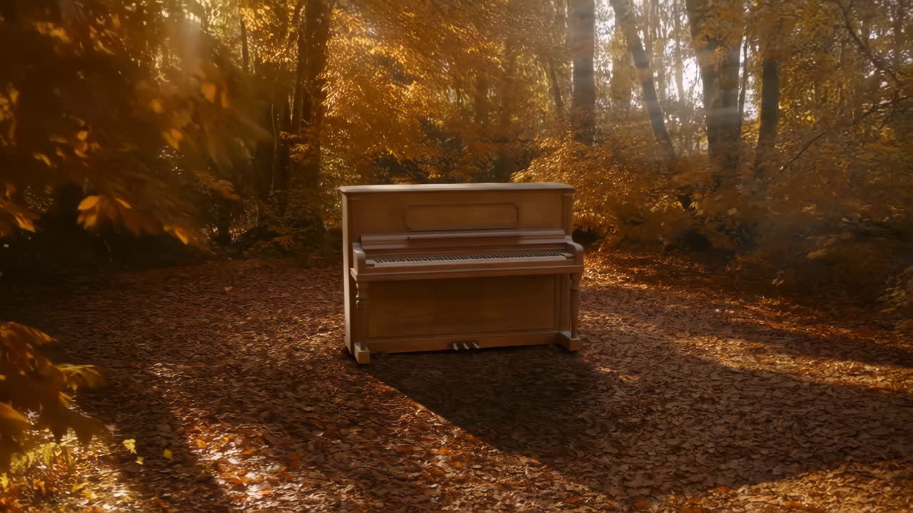 An upright piano sits among autumn leaves in a sunlit forest