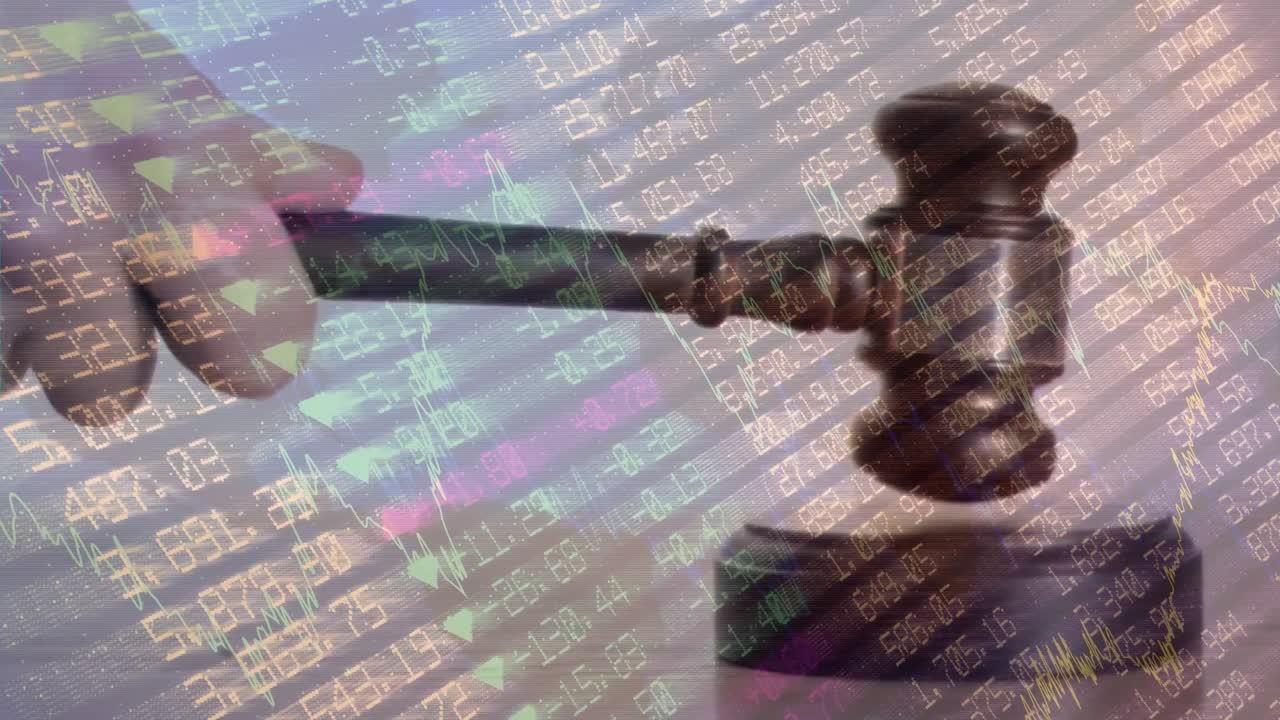 Animation of statistics and financial data processing over auctioneer's hammer