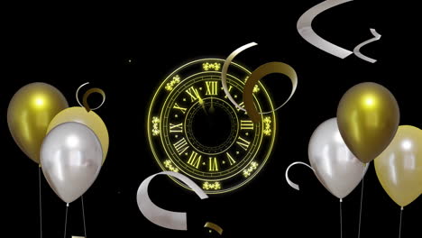 animation of clock showing midnight and gold and silver balloons on black background