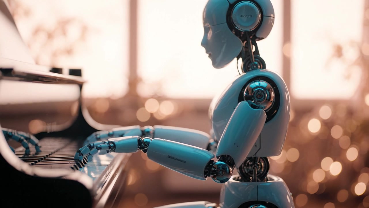 Un robot futuristico che suona elegantemente il pianoforte, mostrando tecnologia avanzata e un connubio di arte, mentre una luce calda crea un'atmosfera accogliente sullo sfondo