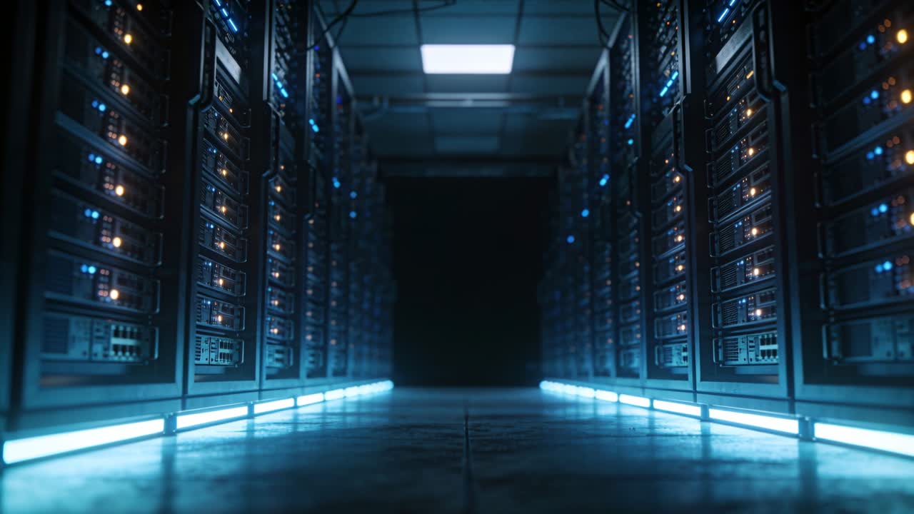 Startende nær et poleret gulv bevæger kameraet sig fremad og afslører serverreoler med blå LED-strips