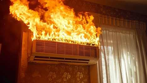 un aire acondicionado de ventana en llamas en una habitación con una cortina
