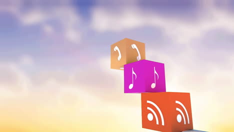 animación de iconos digitales flotando sobre nubes y paisaje del cielo