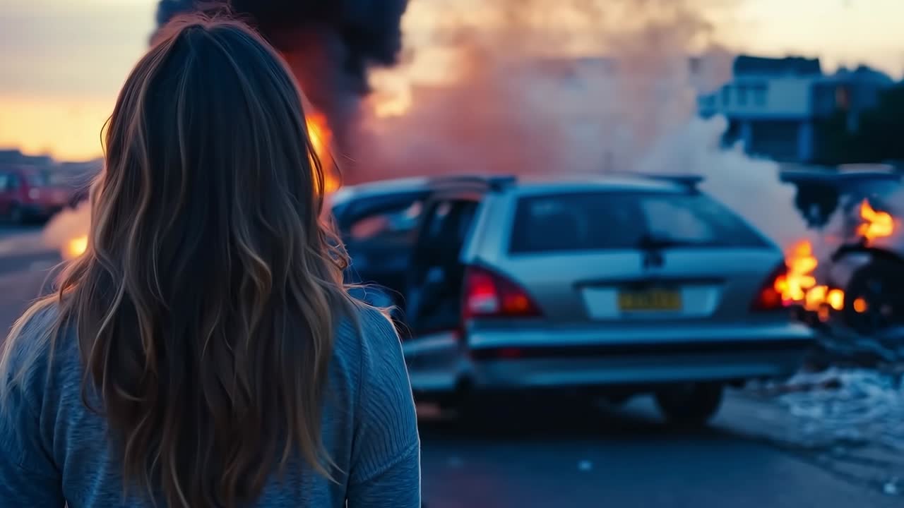 una mujer de pie frente a un coche en llamas al lado de la carretera