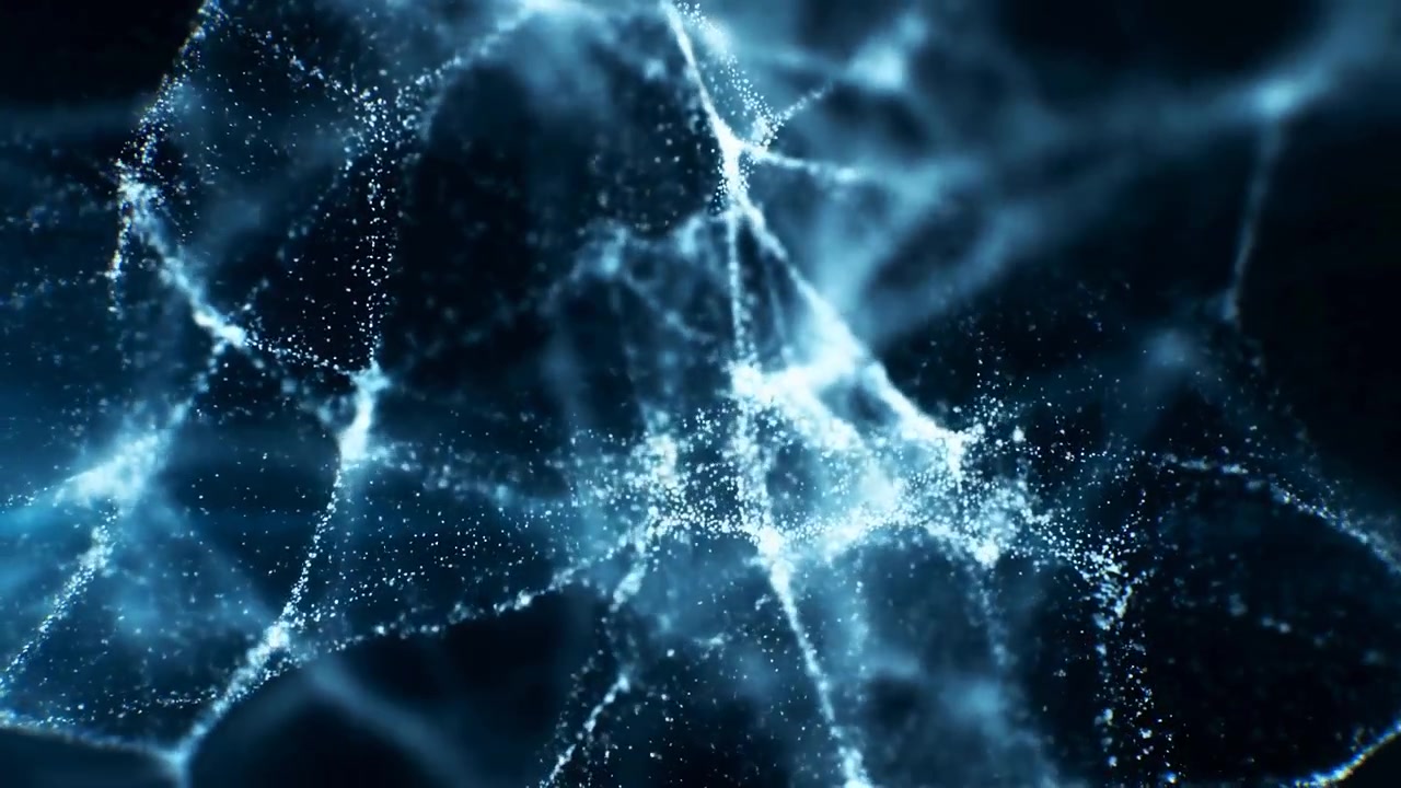 A neural network is observed in a futuristic digital environment, showcasing static neurons and synapses with a modern and clean background. The scene is set against a backdrop of blue.