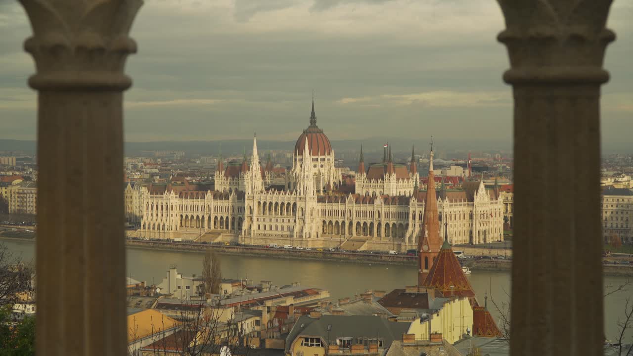 View Of The Majestic Architecture Of The Budapest Parliament Building - wide shot