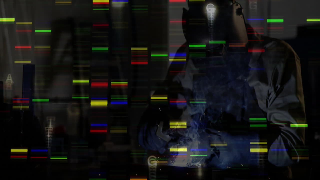 Welder operating torch in industrial workshop, with translucent DNA data bars and floating letters