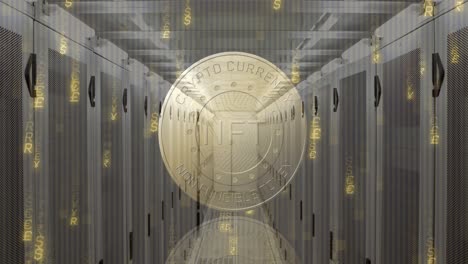 animation of coin with nft and lights over servers