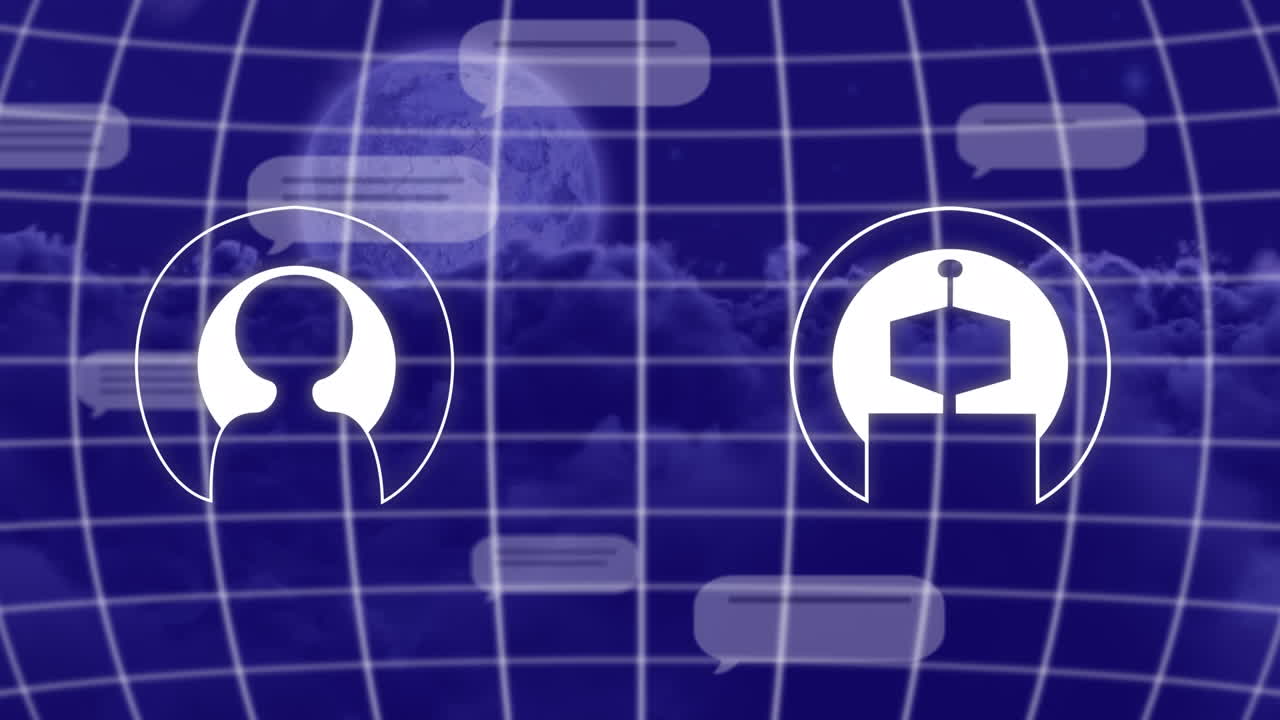 animación de íconos digitales ai y burbujas de habla en blanco sobre el globo contra la luna y las nubes oscuras