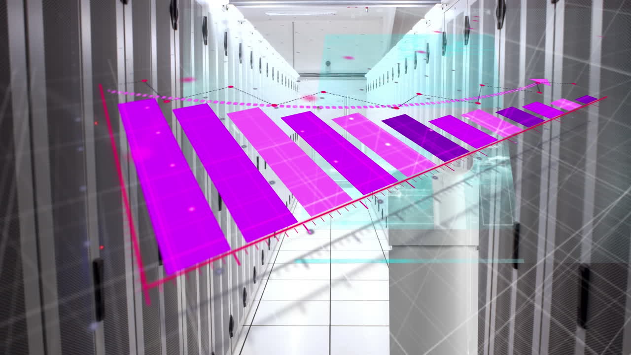 animación de gráficos rosados y procesamiento de datos a través de servidores en la sala de servidores de computadoras
